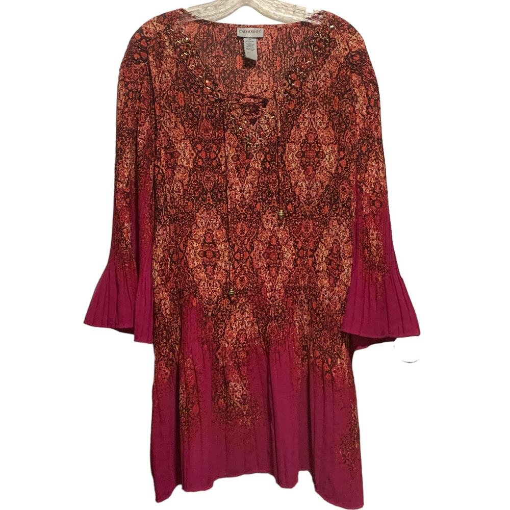 CATHERINES Top Sz 3X 26 / 28W Beaded Accents Bell Sleeves Boho Hippie Festival